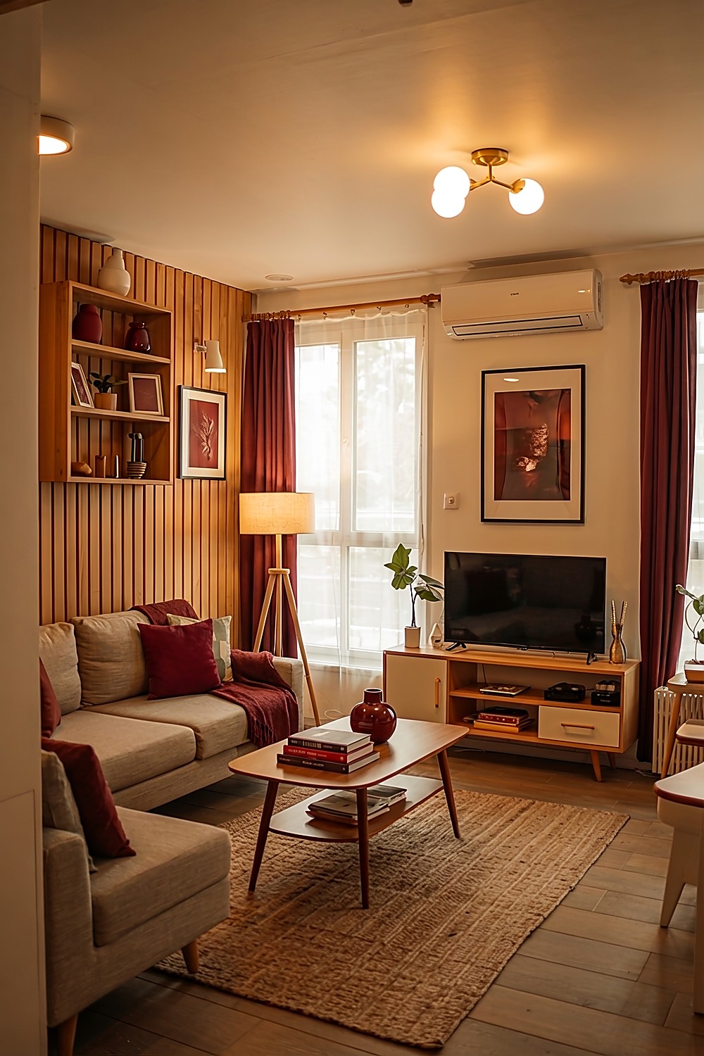 Ein gemütliches Wohnzimmer dunkelrot beige mit Holzwand und Mid-Century-Möbeln