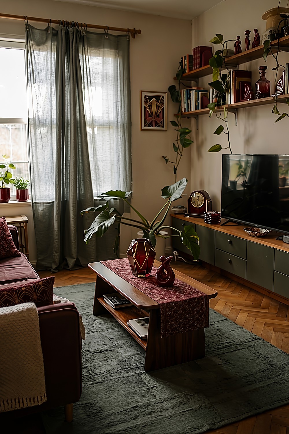 Gemütliches Wohnzimmer in dunkelrot grün mit Holztisch, Pflanzen und Bücherregalen
