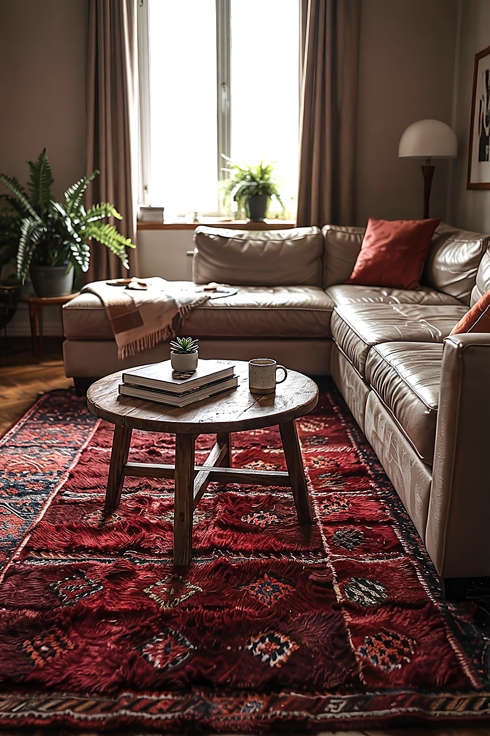 Gemütliches Wohnzimmer mit dunkelrotem Teppich, hellem Ledersofa und kleiner Holz-Couchtisch