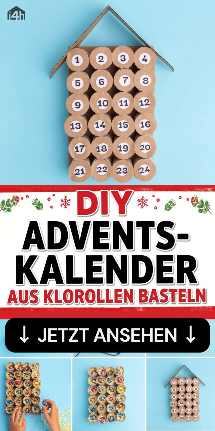 DIY Adventskalender aus Klorollen basteln, Kartonhaus mit nummerierten Klopapierrollen als Türchen