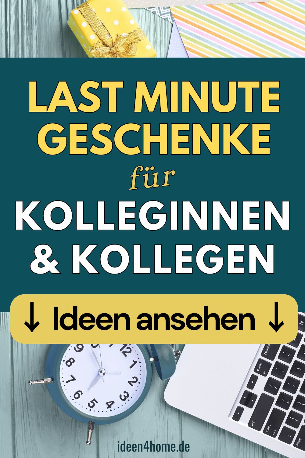 Merkbild zu Last-Minute-Geschenken für Kolleginnen und Kollegen mit Geschenk, Wecker und Laptop auf Holz