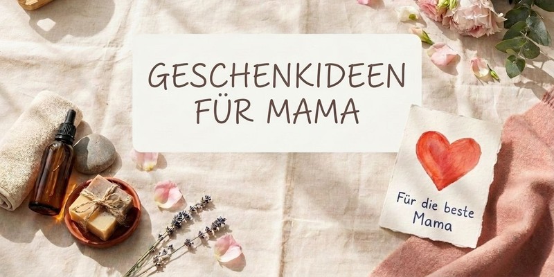 Geschenkideen für Mama: Frühstückstablett, Pflegeöl, Seife und rosa Blumen auf hellem Leinen