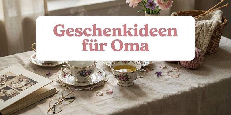 Geschenkideen für Oma: Teetassen mit Rosenmuster, Blumen, Fotoalbum und Strickkorb am Fenster