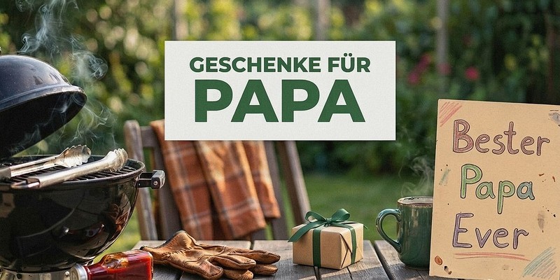 Geschenke für Papa: Grill, Grillhandschuhe, ein Geschenk mit grüner Schleife und eine Karte im Garten