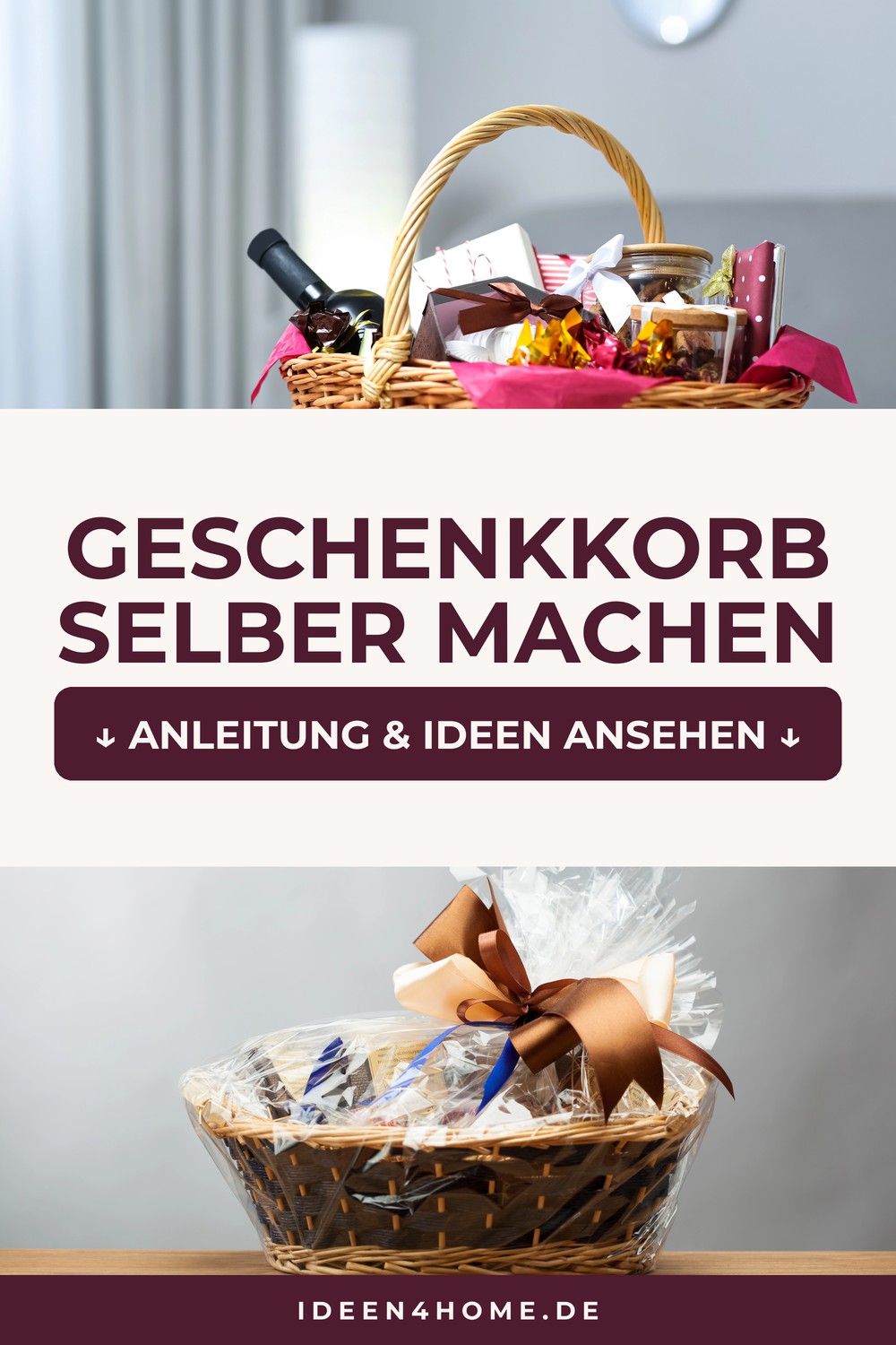 Geschenkkorb selber machen: Weidenkorb mit Wein und Pralinen, darunter ein fertig verpackter Korb mit Schleife