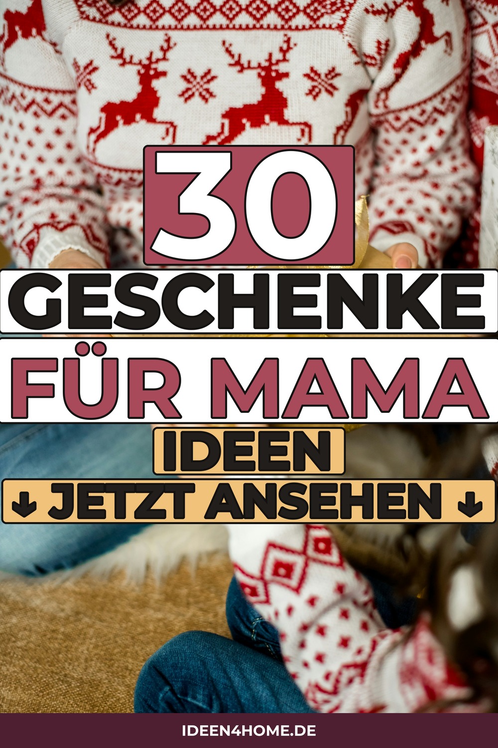 Geschenke für Mama: Hände mit goldenem Päckchen, Norwegerpullover in Rot und Weiß