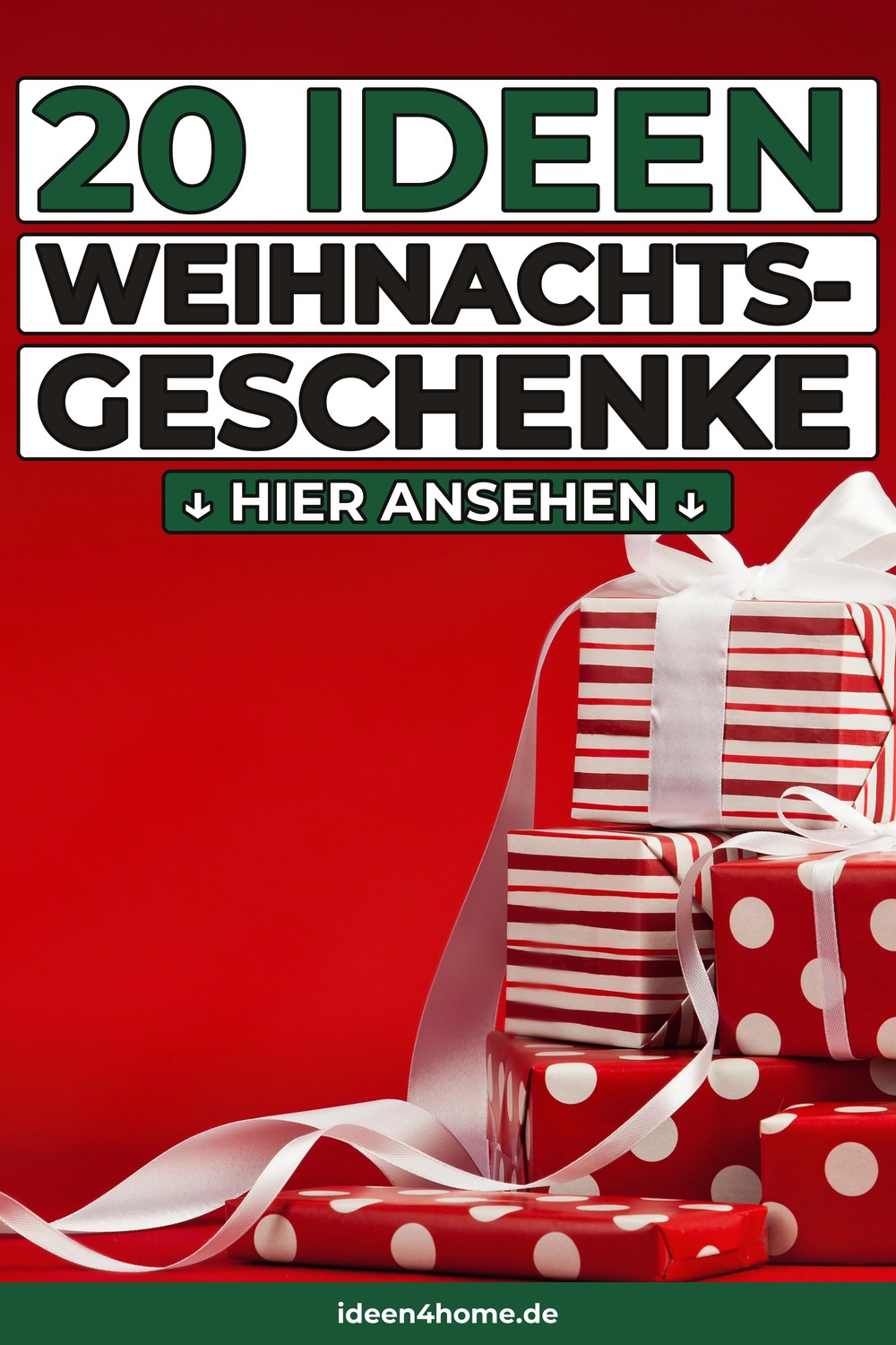 Weihnachtsgeschenke: rot-weiß gestreifte und gepunktete Geschenke mit weißem Band vor rotem Grund